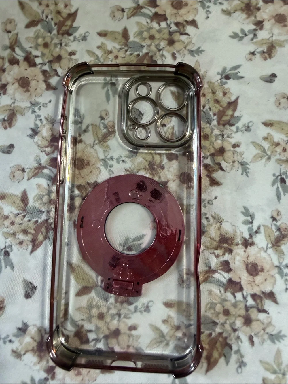 Amazon Clear Phone Case with Pink Ring Holder and Rose Trim 16 pro max